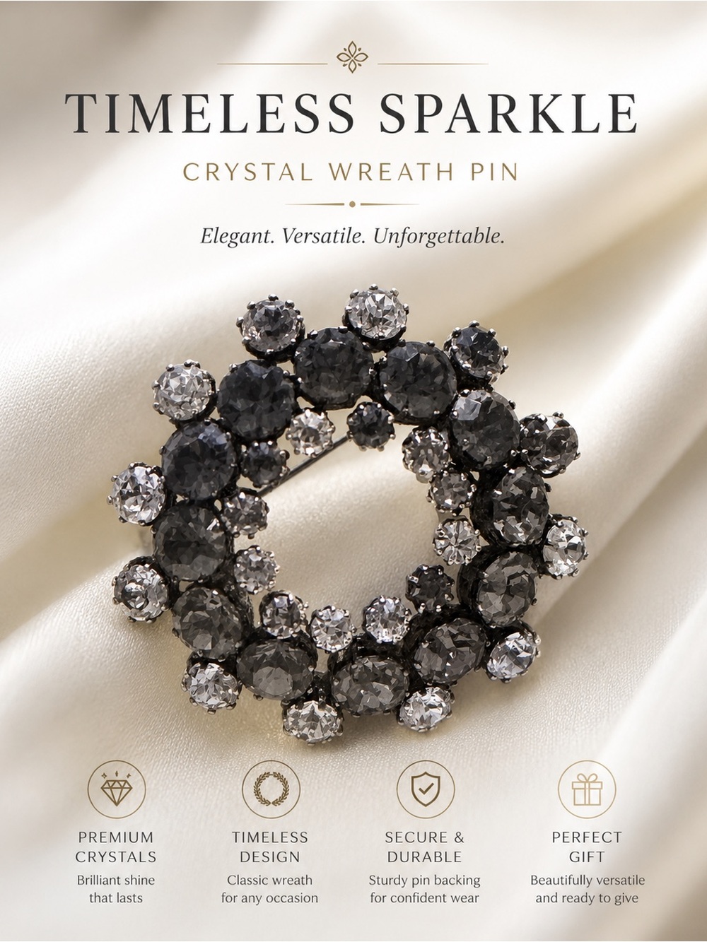 Timeless Sparkle Crystal Wreath Brooch in Black and Clear